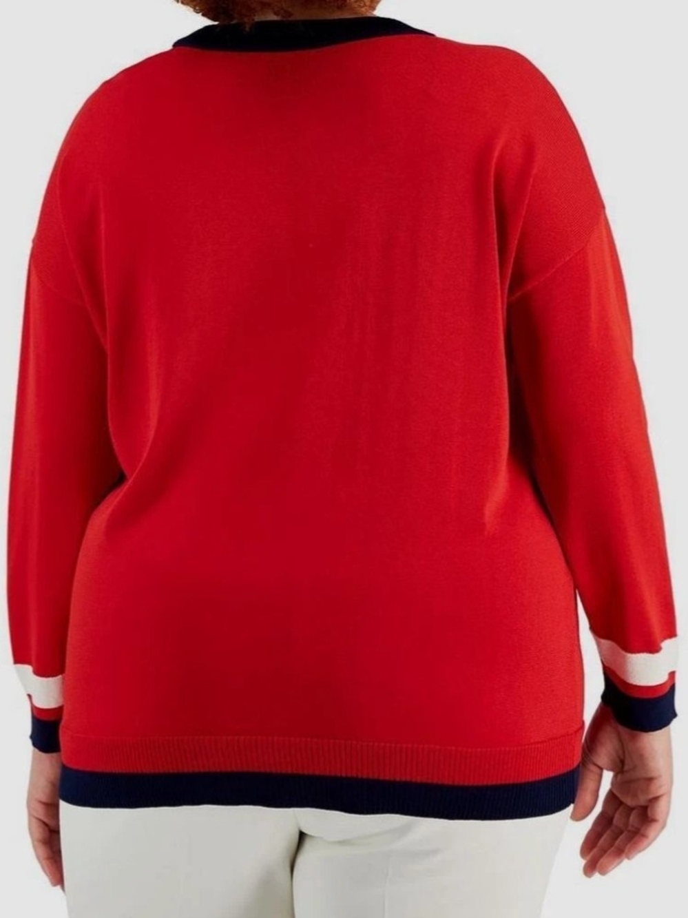 Anne Klein Red V-Neck Sweater with Navy and White Trim - Picture 2 of 8